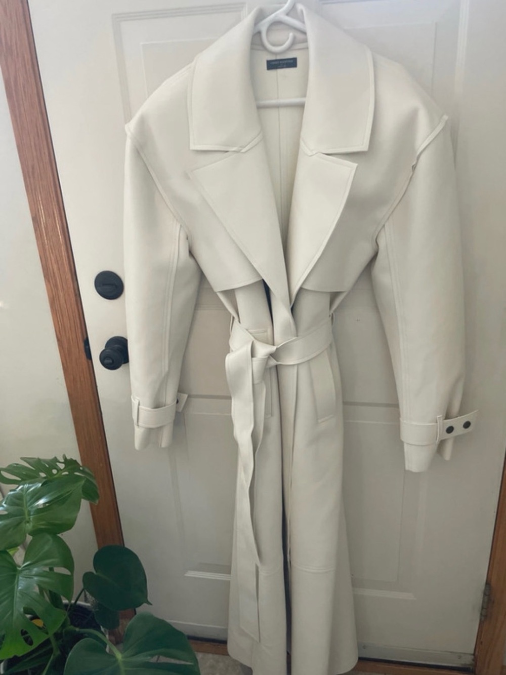 Clean Lined Vegan Leather Minimalist Long Trench Weighted Statement Shoulder Pad